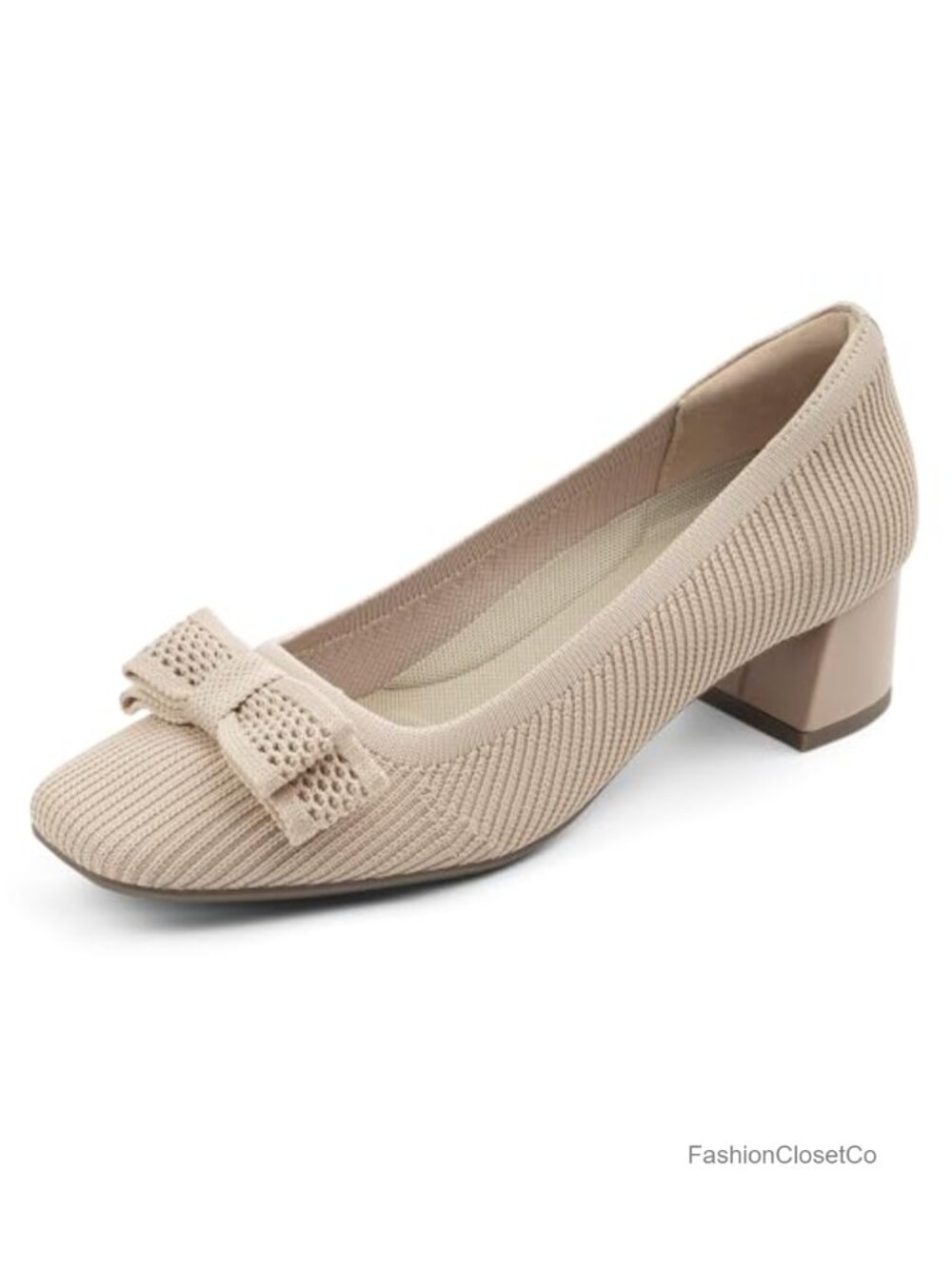 Women's Chunky Block Heel Pumps Square Toe Bow Slip-On Knit Comfort Dress Shoes